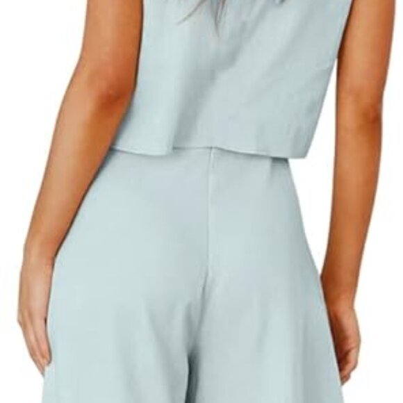 Summer 2 Piece Outfits Crop Basic Top Cropped Wide Leg pants Set Jumpsuit - Picture 3 of 4